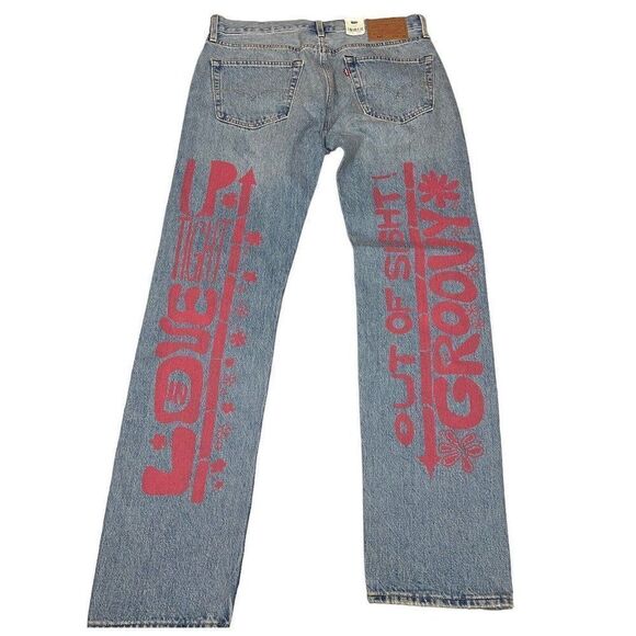 LEVIS 33x34 Premium 501 Original SUMMER LOVE JEANS Festival Sun Floral Groovy - Picture 11 of 15